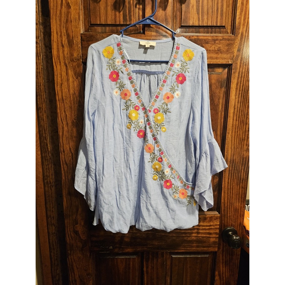 Entro Cross Front Blouse Floral Embroidered Blue Ruffle Sleeve Large